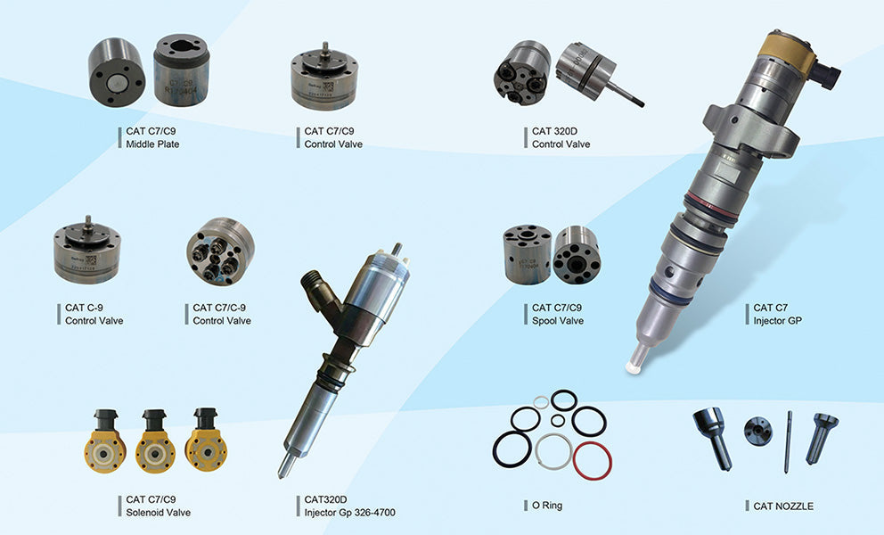 A product layout image showing key fuel injection system components for Caterpillar C7/C9 and 320D engine models. The parts displayed include fuel injectors, various control valves, solenoid valves, a middle plate, and sealing O-rings.