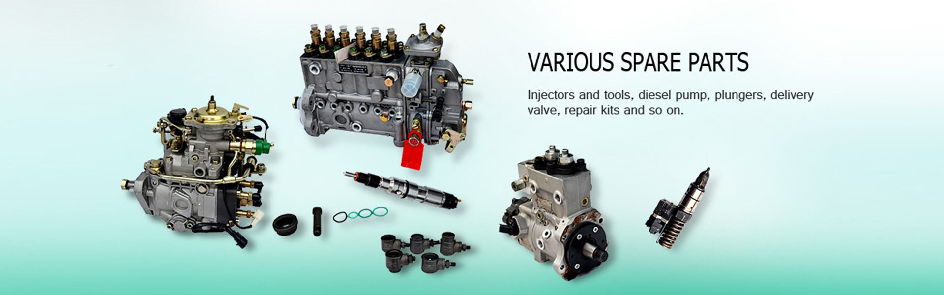 Assortment of diesel fuel system spare parts on a light blue background.